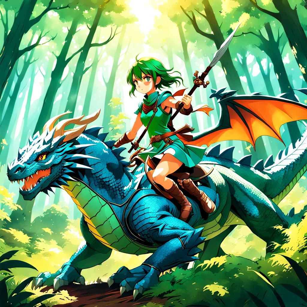 Anime Female Warrior Riding Dragon in Forest