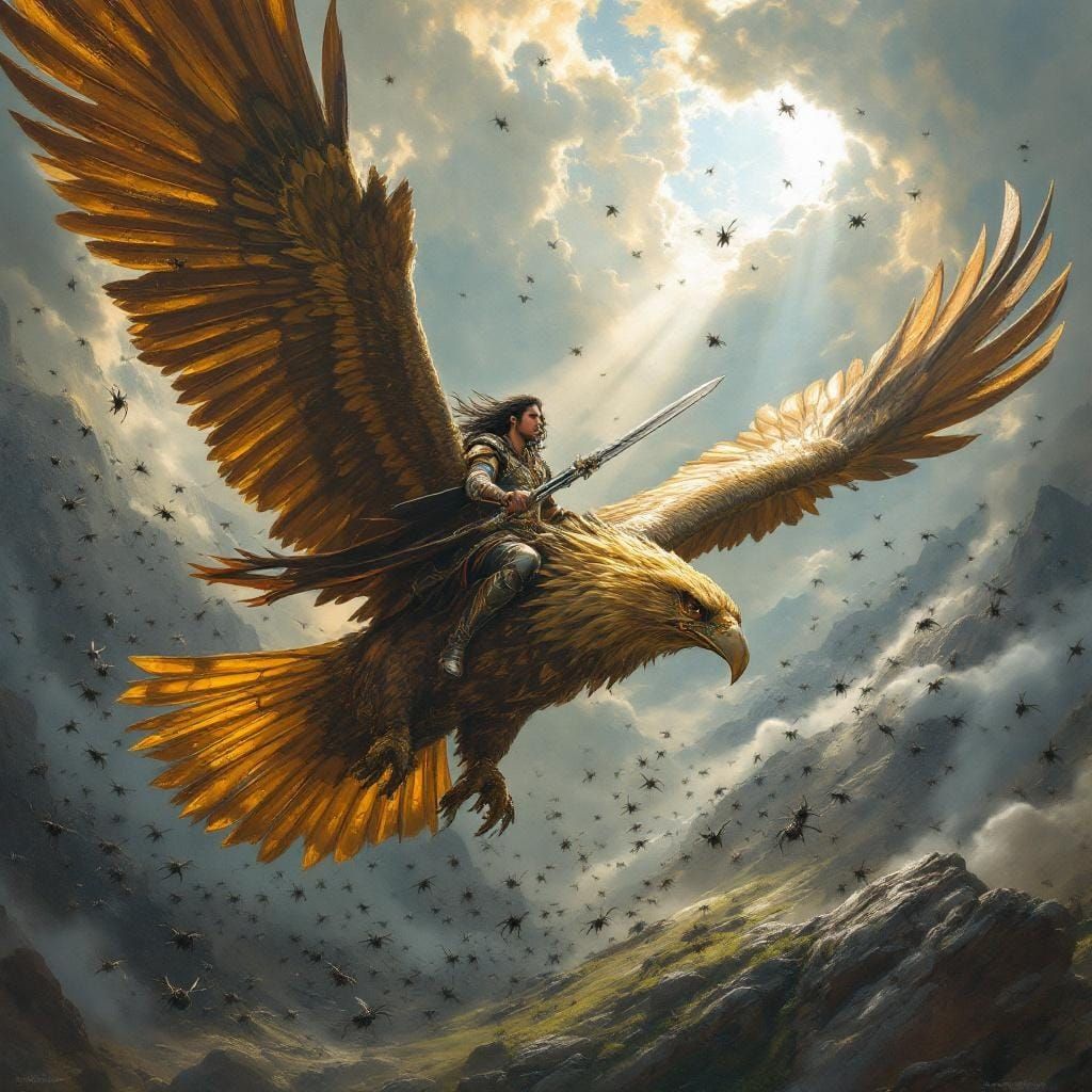 Elf on Golden Eagle Pursued by Swarm
