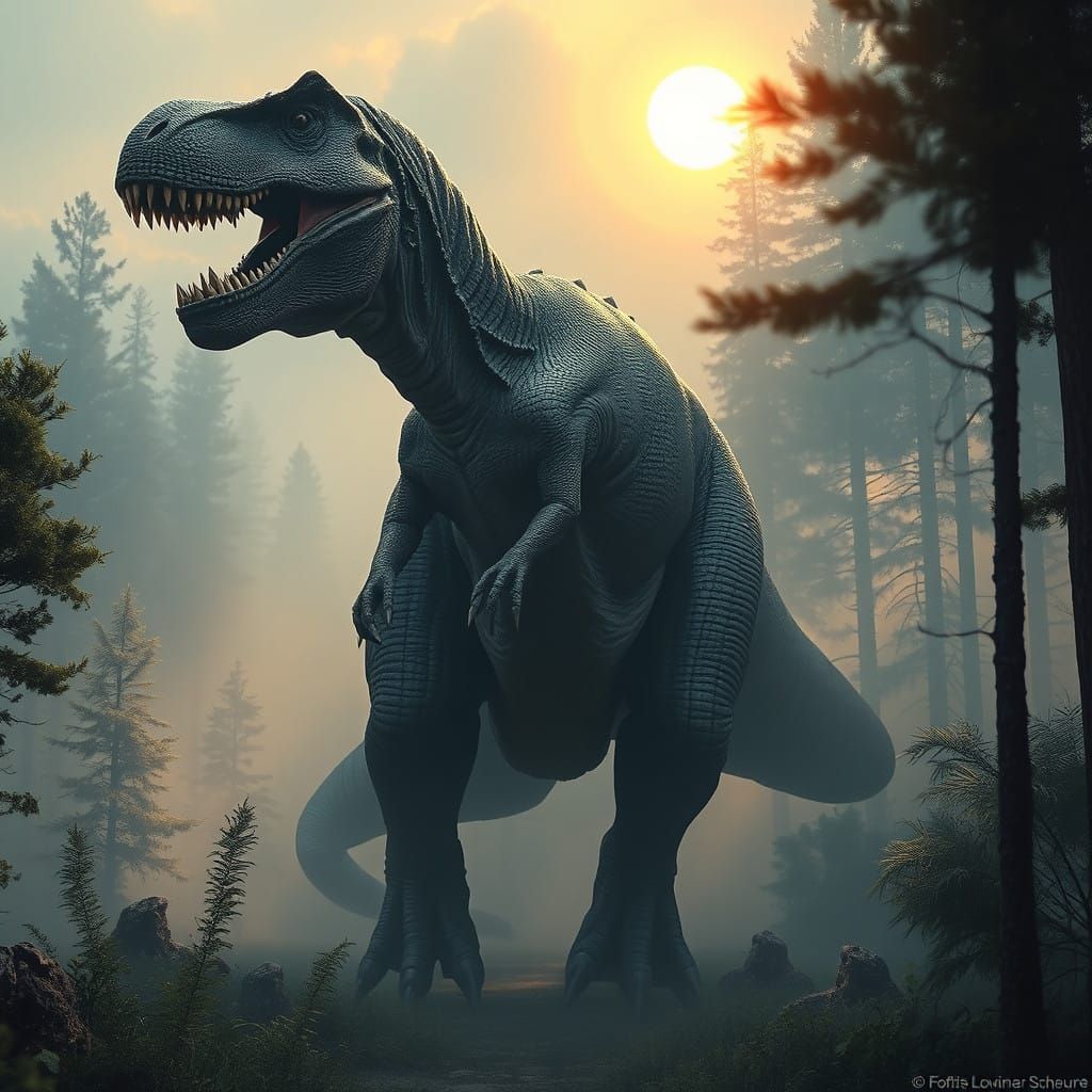 A Majestic Tyrannosaurus Rex in a Misty Prehistoric Forest