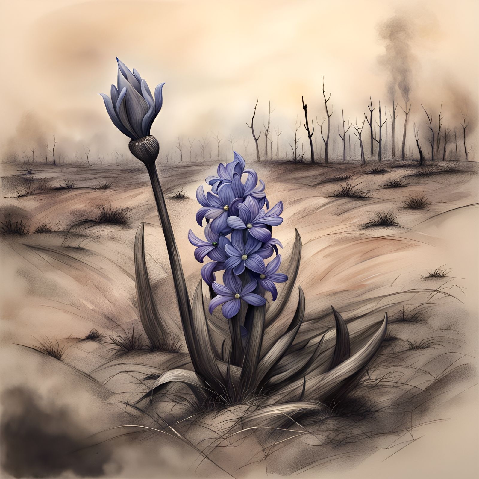 Hyacinths Bloom in Charred Fields: Colored Pencil Art