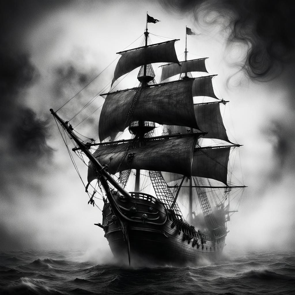 Ethereal Pirate Ship Emerging from Fog, in Atmospheric Charc...
