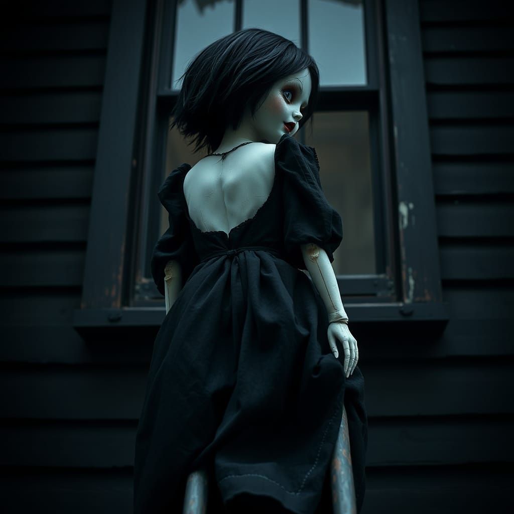 Cracked Porcelain Doll Descending from Dark Window