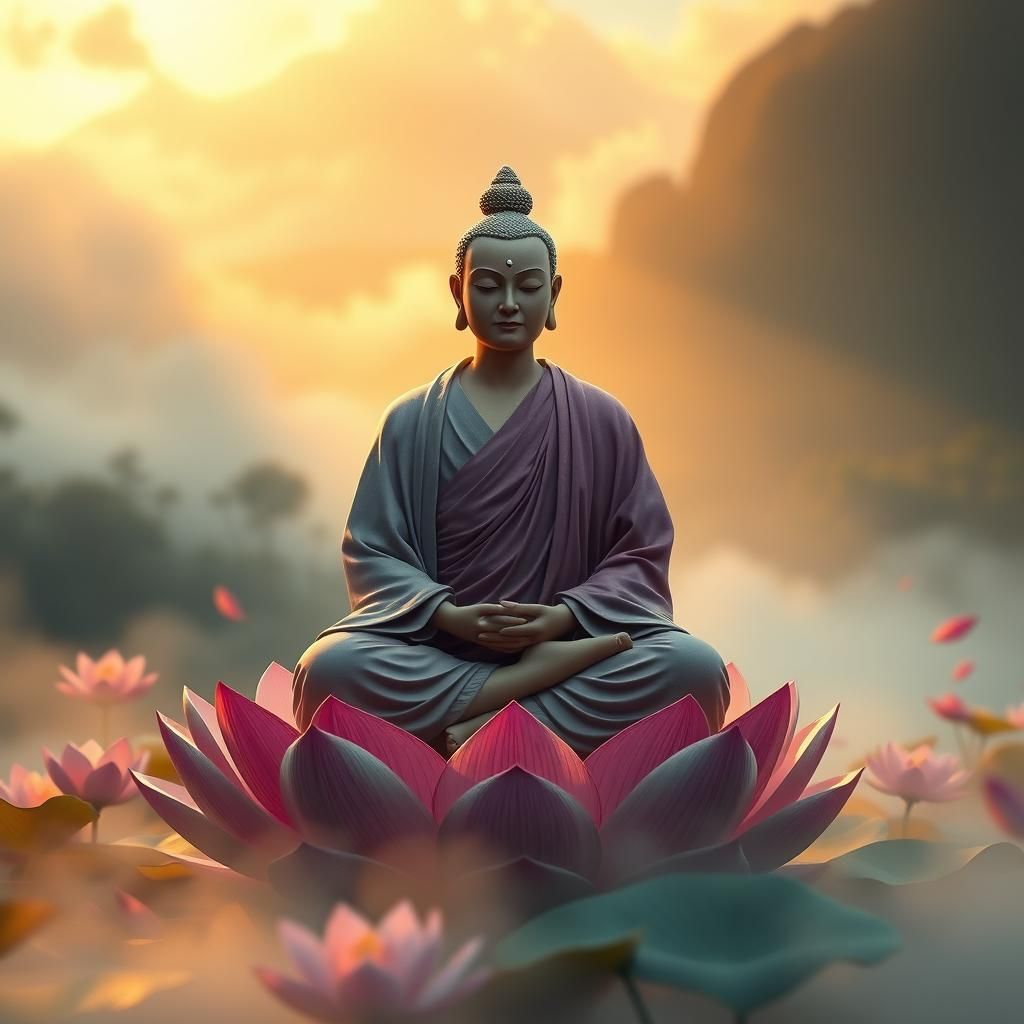 Serene Buddhist Monk Meditating on Lotus Flower