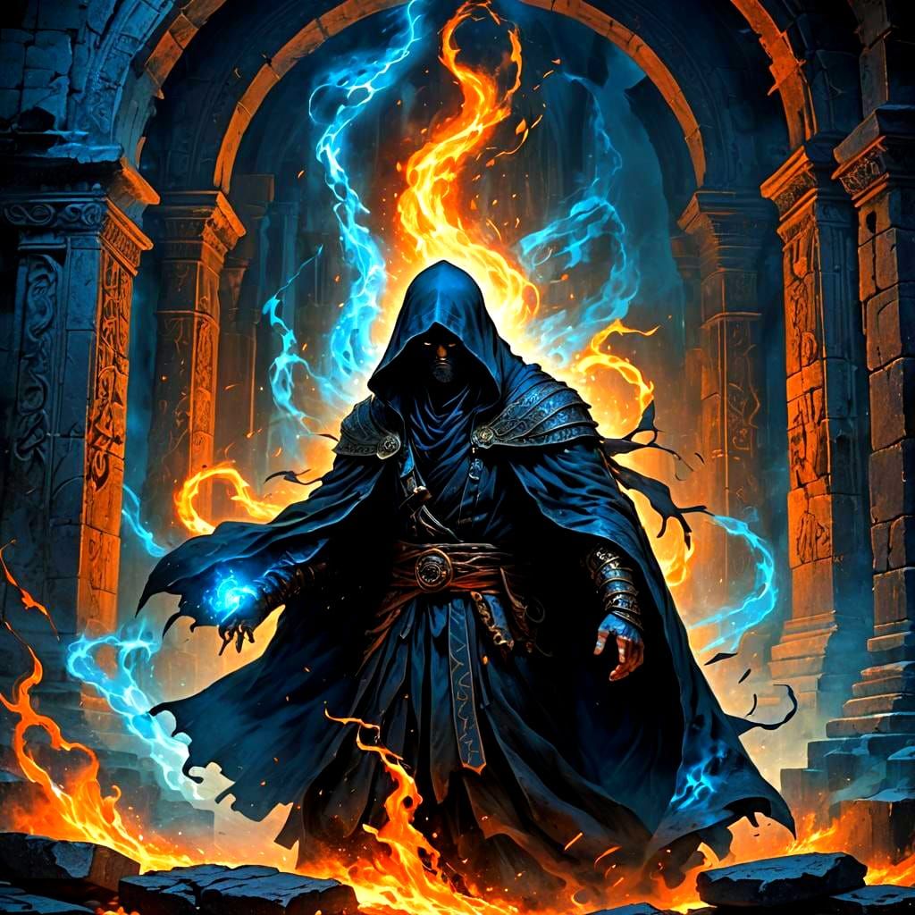 Mystical Blue Flames: Hooded Assassin in Action