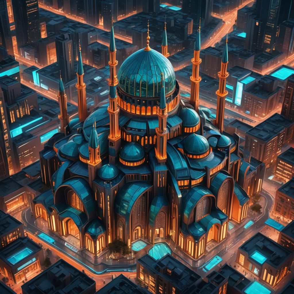 Futuristic Parametric Mosque in Cyberpunk City