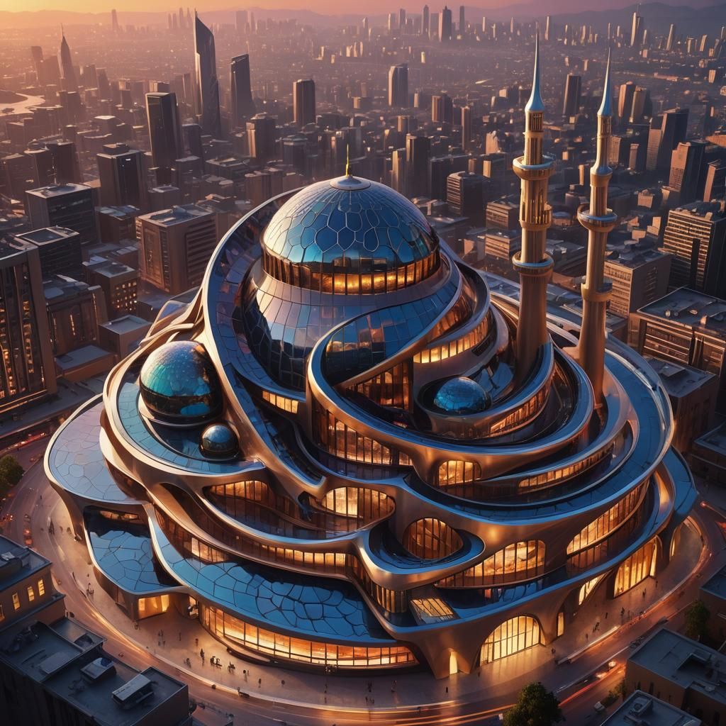 Futuristic Mosque in Cyberpunk City at Dusk