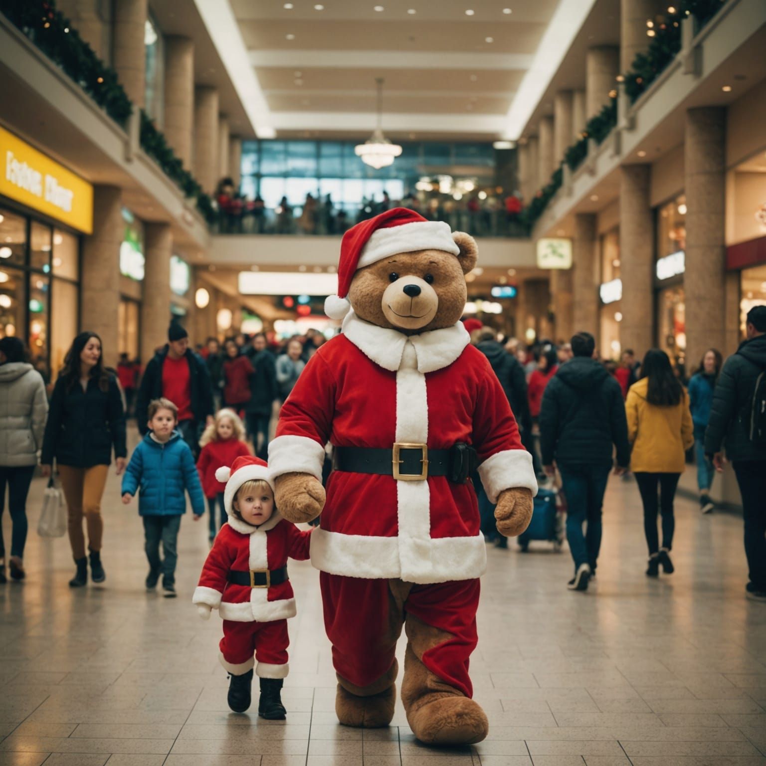 Giant Teddy Bear Santa in Crowded Mall