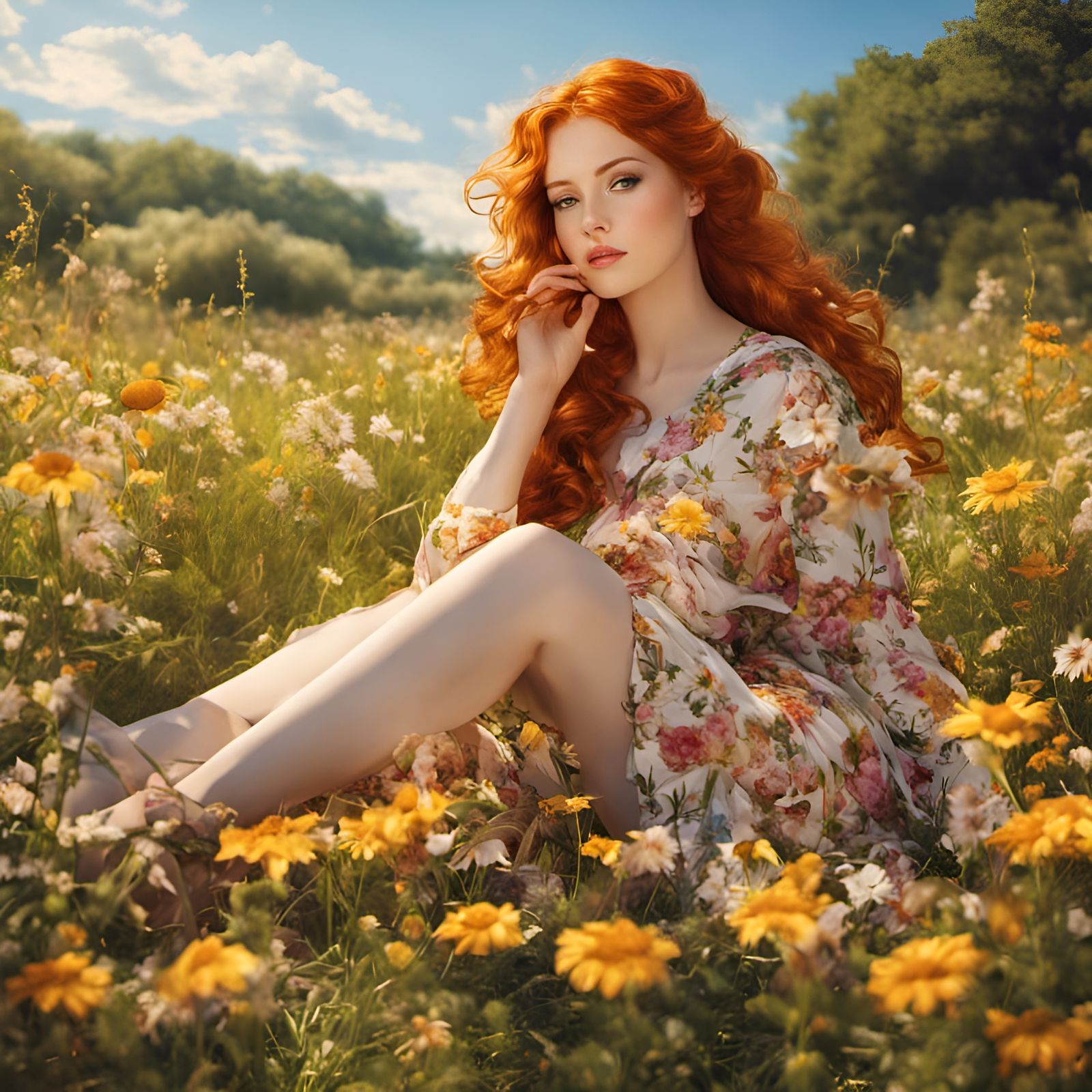A beautiful redhead girl in a flowery dress