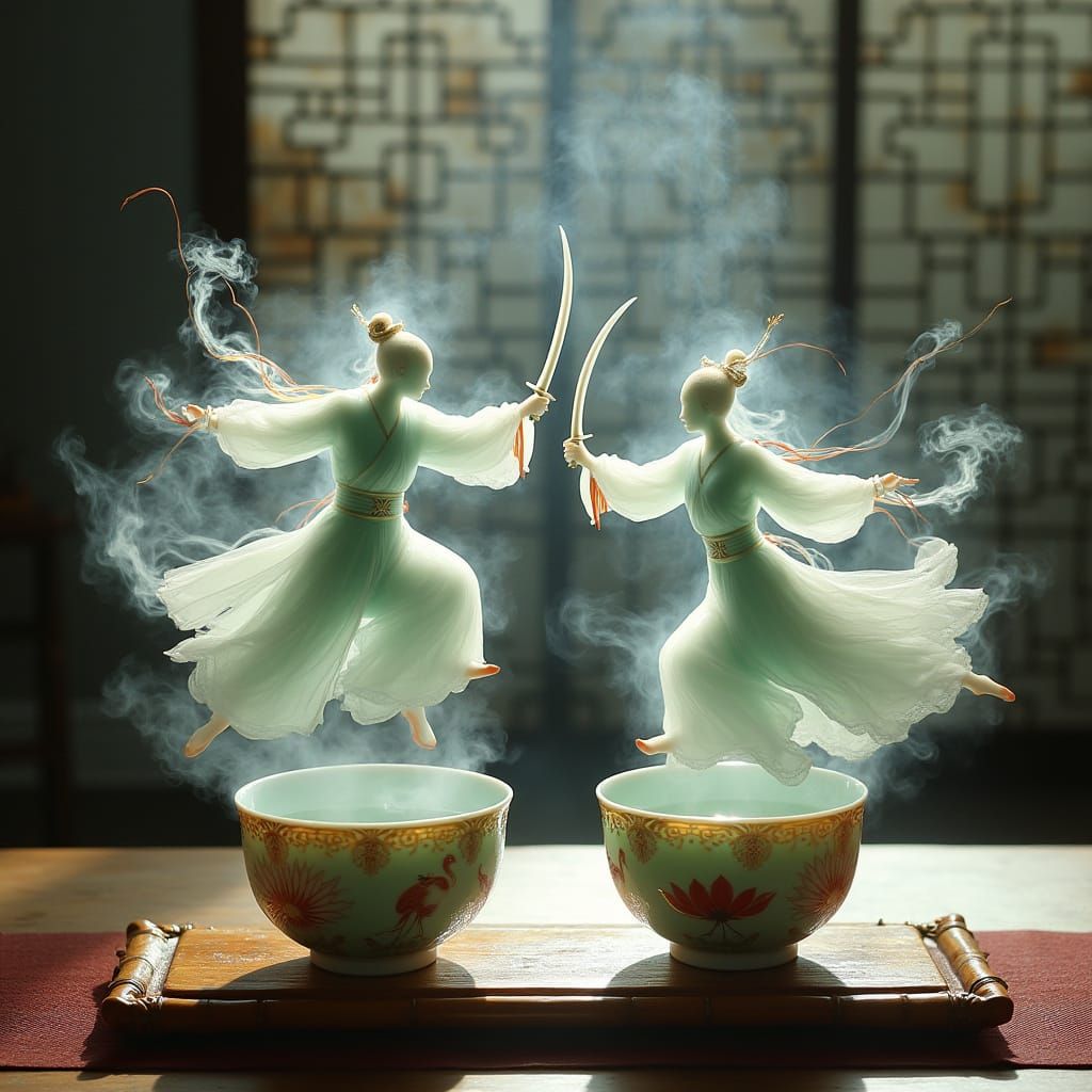 Ethereal Art Deco Wuxia Duel in Smoke