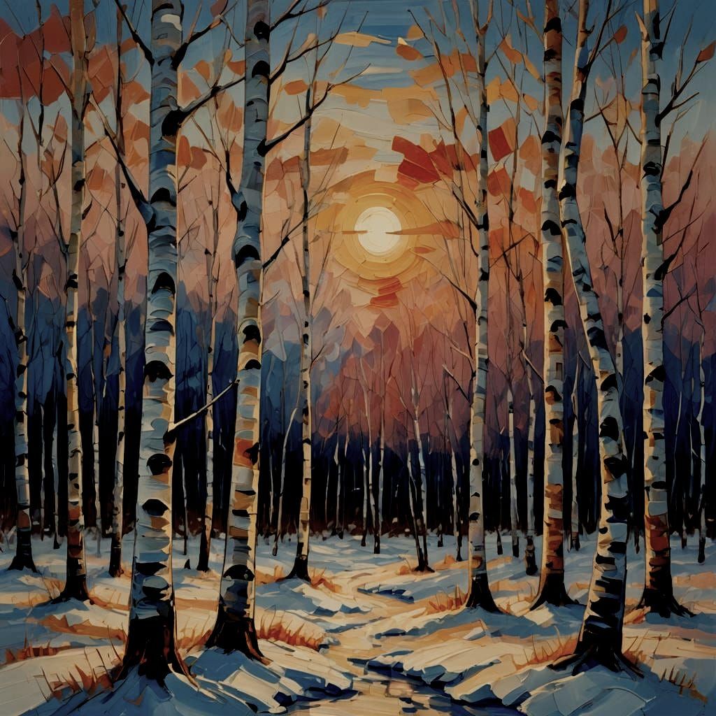 Impasto Sunset Landscape with Birch Trees
