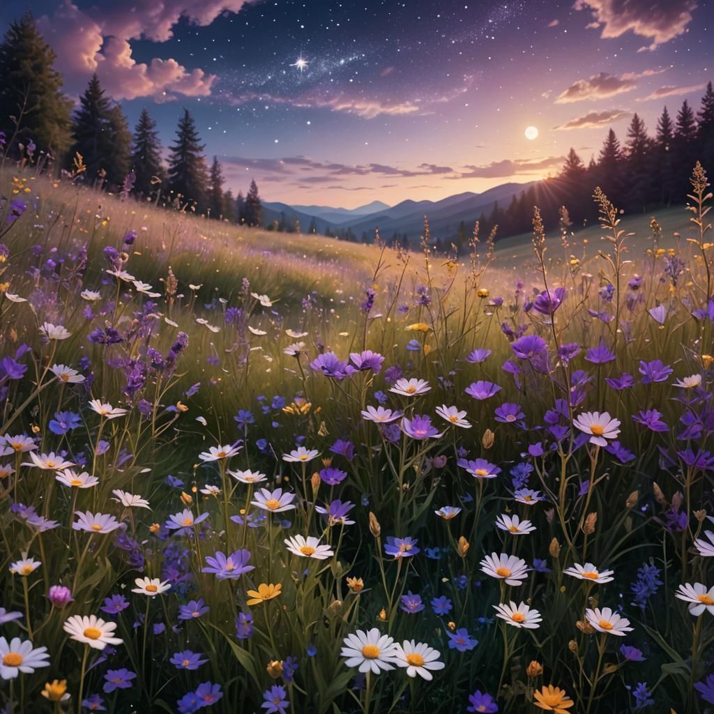 Starlit Meadow at Dusk in Fantasy Matte Painting Style
