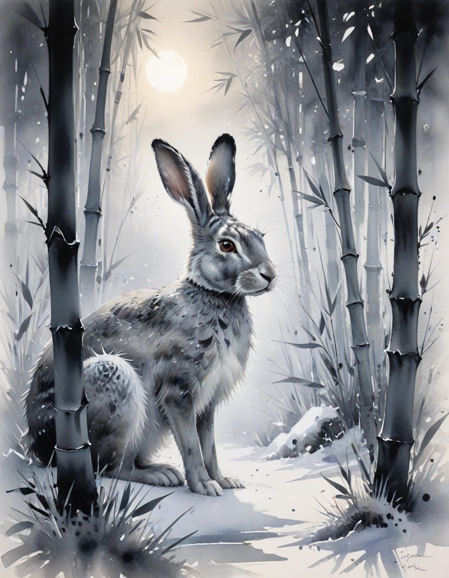 Snowy Hare in Winter Grove: Ink Wash Painting