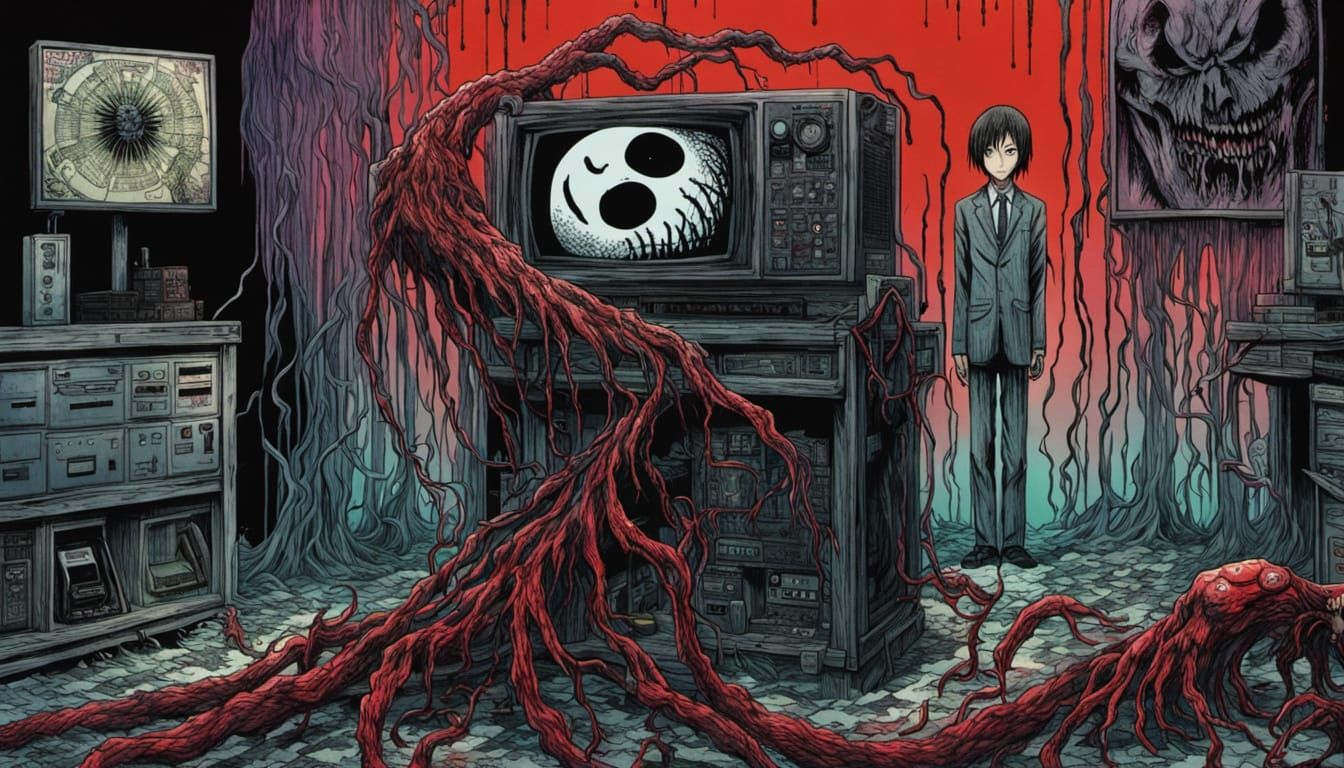 Cyberpunk Horror Figure in a Glitchy Digital Nightmare