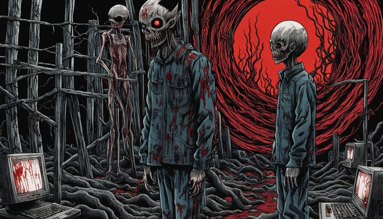 Vibrant Horror Figure Trapped in Glitchy Digital Realm