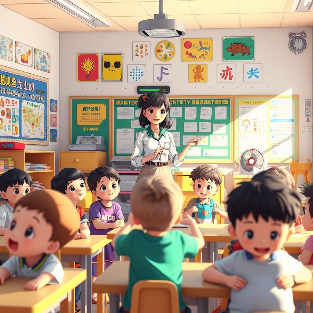 Vibrant Kindergarten Classroom Scene in Anime-Inspired Hyper...