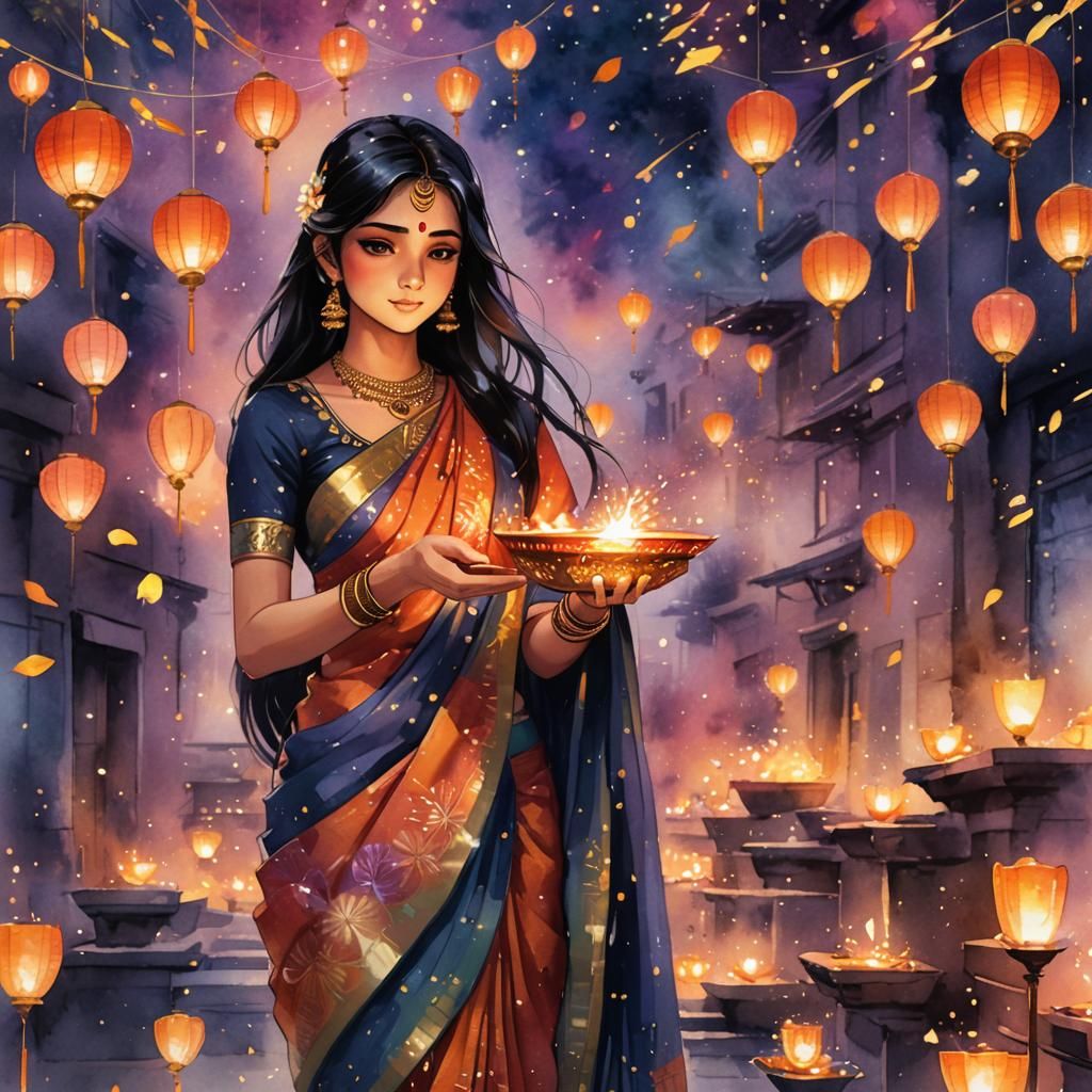 Anime-Inspired Indian Girl with Diya in Diwali Colors