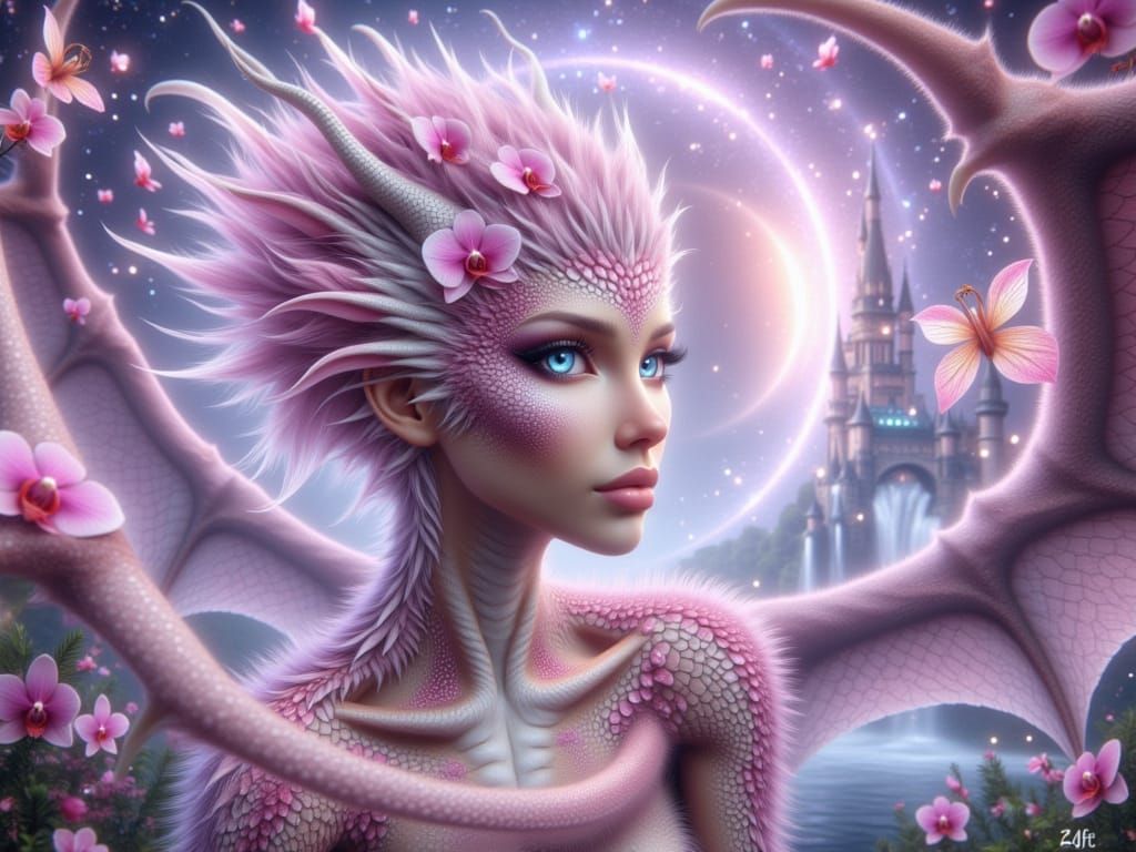 Orchid Dragon Woman in Spiraling Vortex Portal