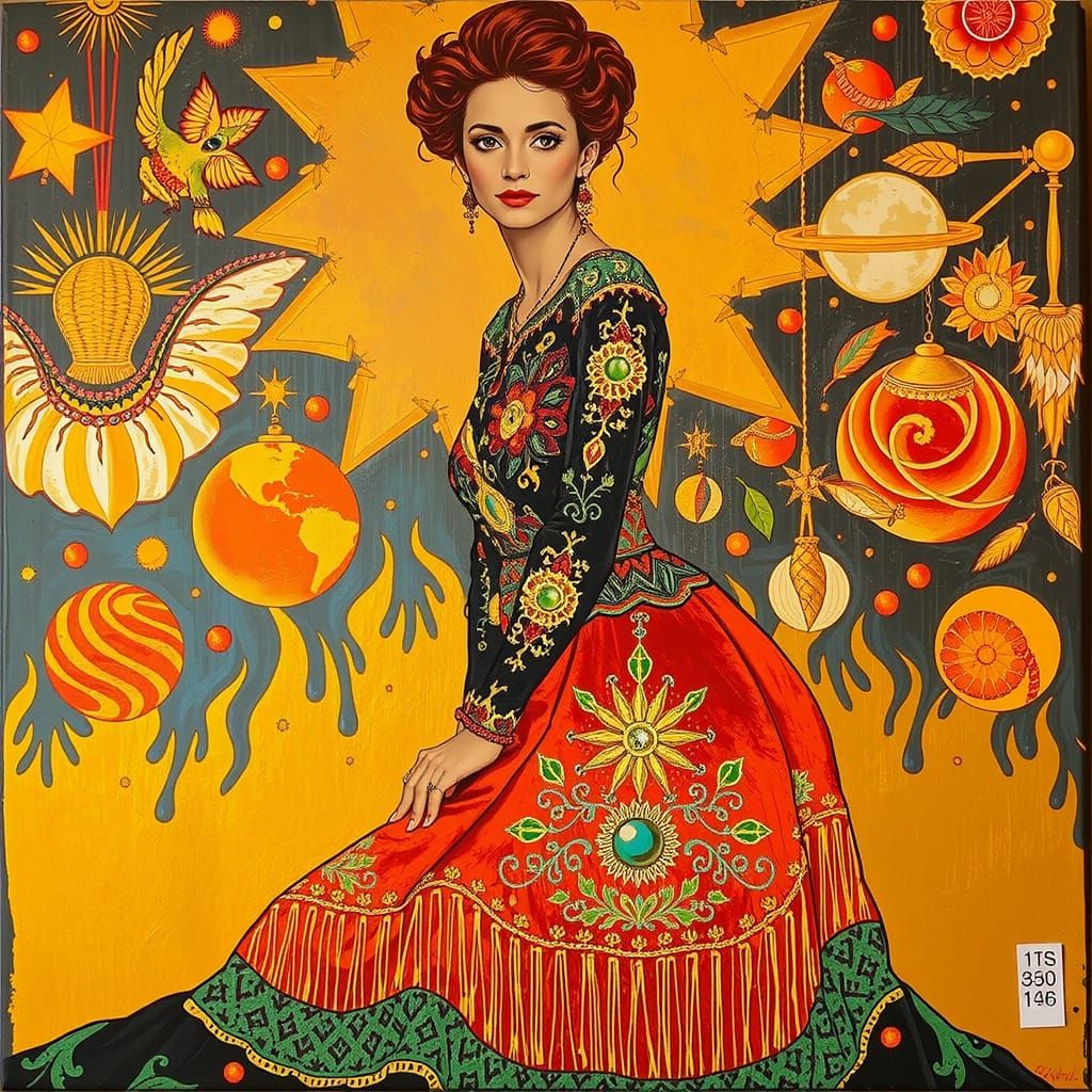 Woman in Lavish, Mystical Setting, in Bold, Vibrant Colors