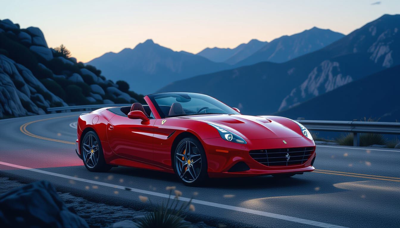 Red Ferrari Spyder on Windswept Mountain Road