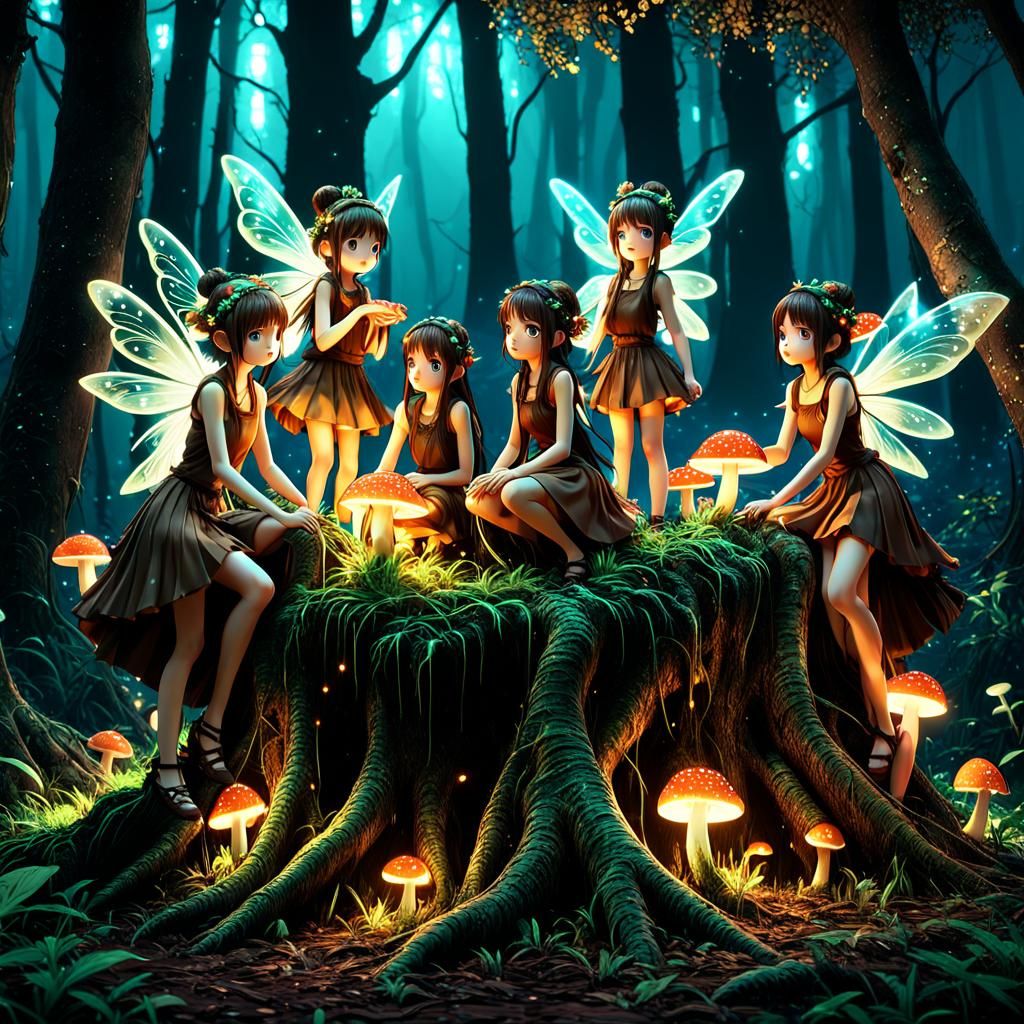 Earth Fairies Gather Around Glowing Tree Root in 3D Anime Ar...