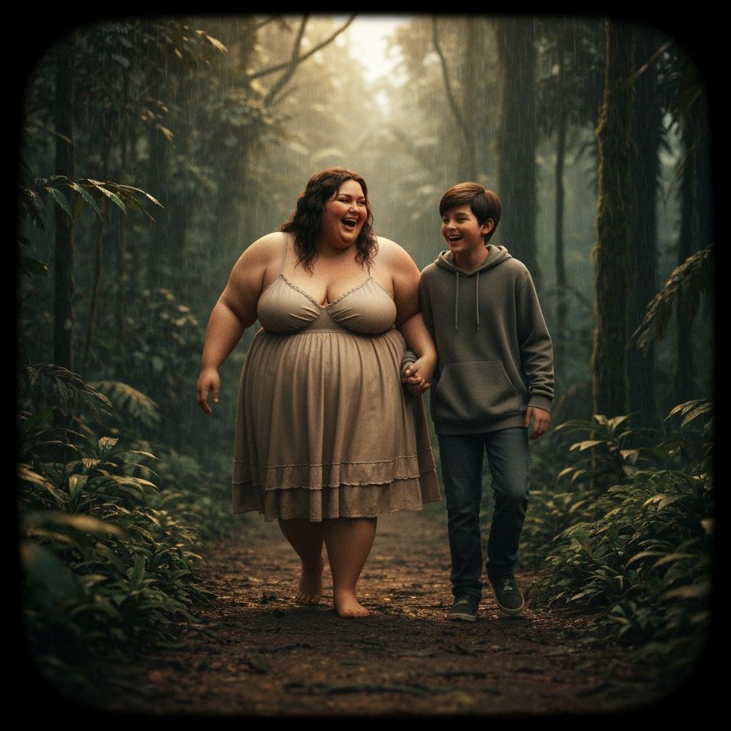 Woman and Boy Laughing in Rainforest, Cinematic Style