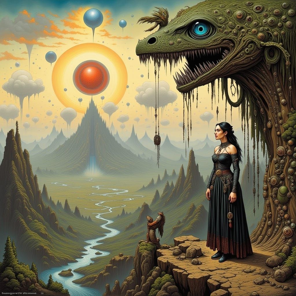 Elegant Woman Overlooking Serene Landscape in Art Nouveau St...