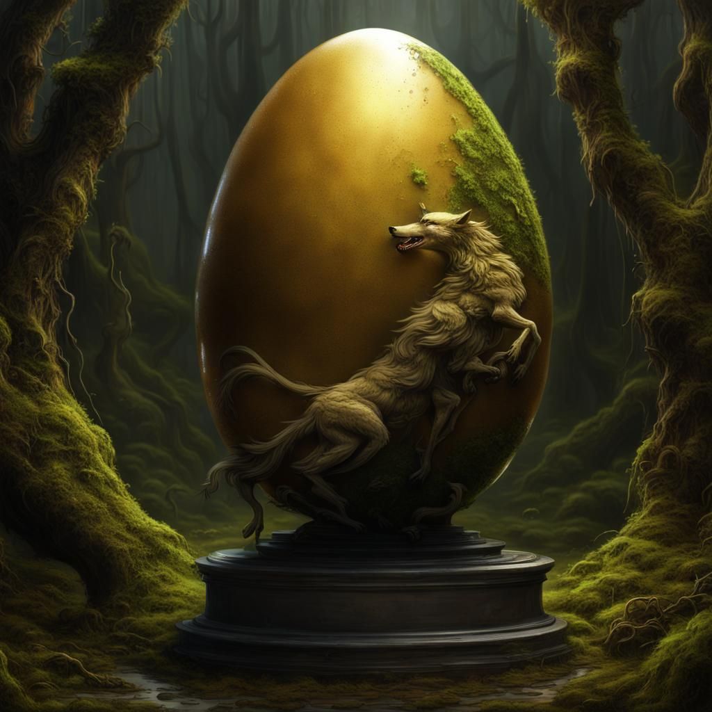 Mystical Golden Egg in Cavern, Dark Fantasy Concept Art