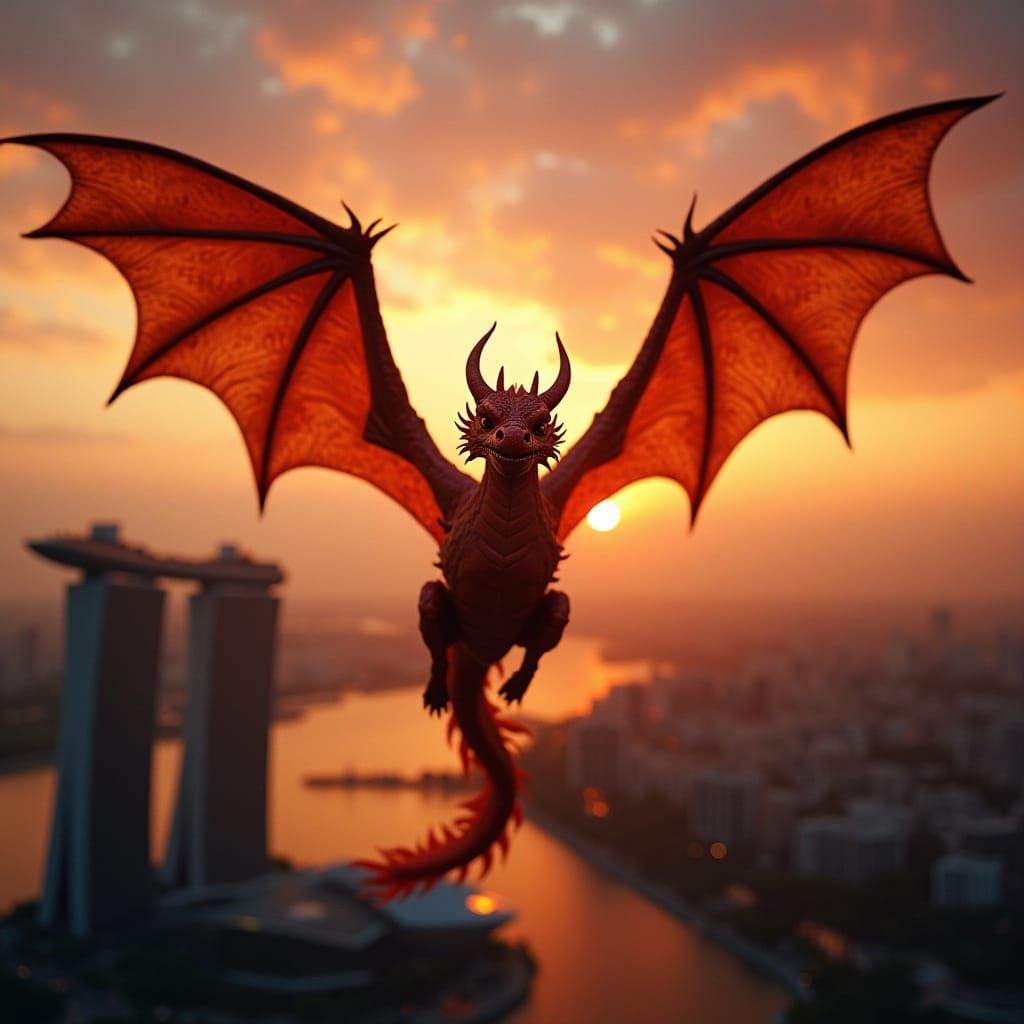 Dragon Soaring Over Marina Bay Sands at Sunset