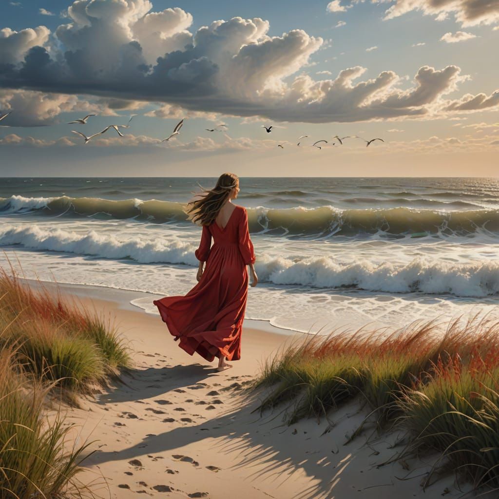 Woman in Red Dress by the Sea: Impressionistic Painting