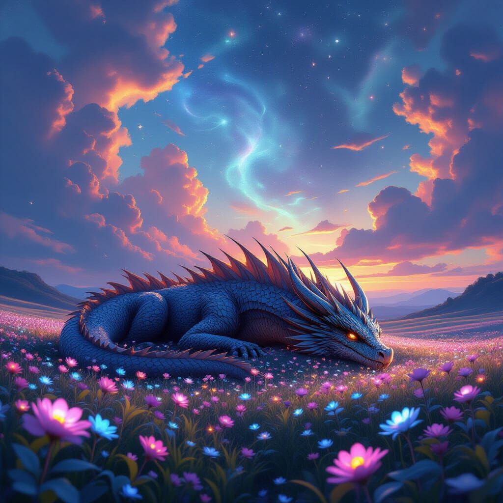 Ancient Dragon Slumbers Under Nebula Sky, Bioluminescent Flo...