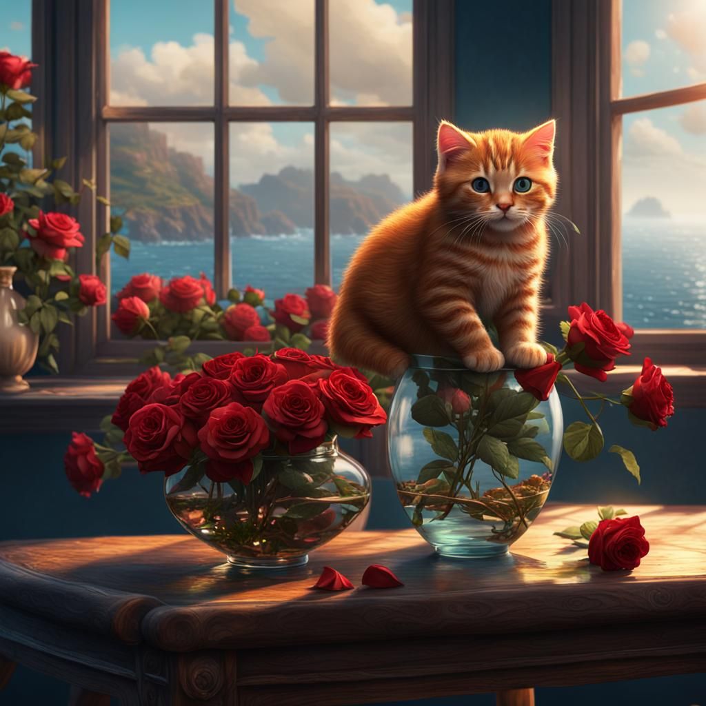 Ginger Kitten and Roses: Fantasy Concept Art