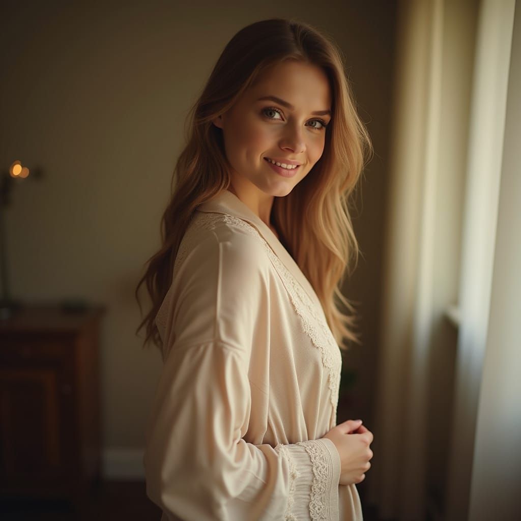 Slavic Woman in Cozy Room, Photorealistic Portrait