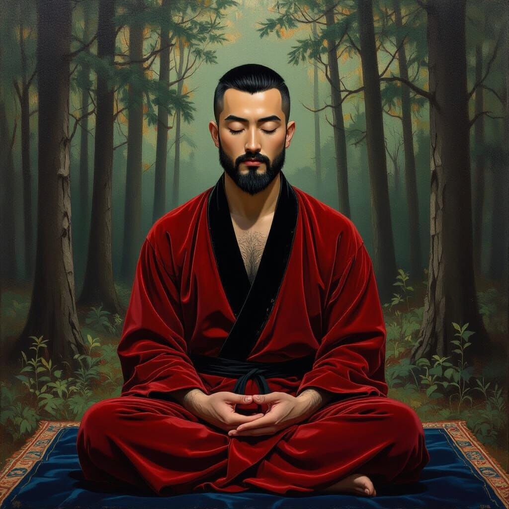 Monk Meditating in Sun-Drenched Forest