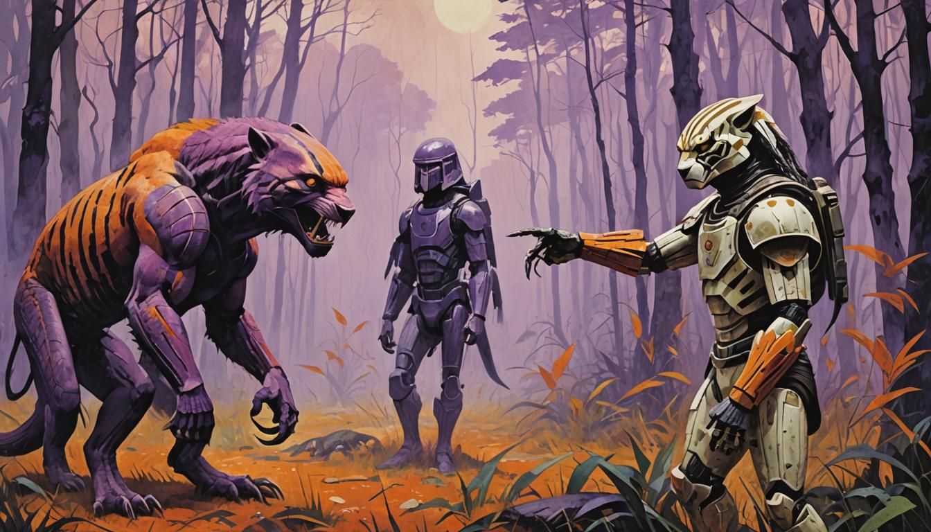 Dramatic Predator-Prey Standoff in Surreal Style