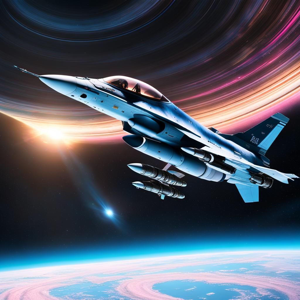 F-16 Jet Over Saturn Rings in Hyperrealistic Concept Art