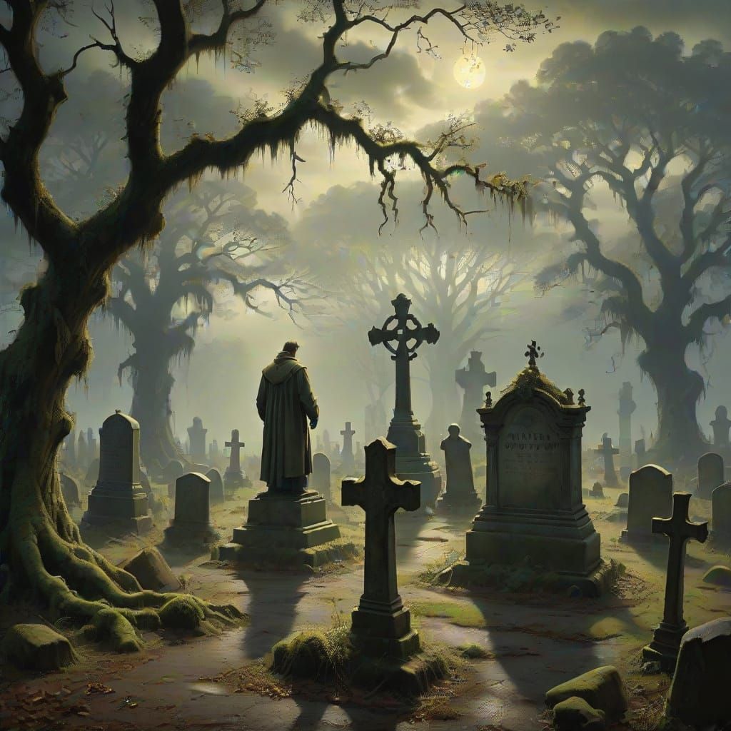 Southern Gothic Cemetery Scene with Lone Figure