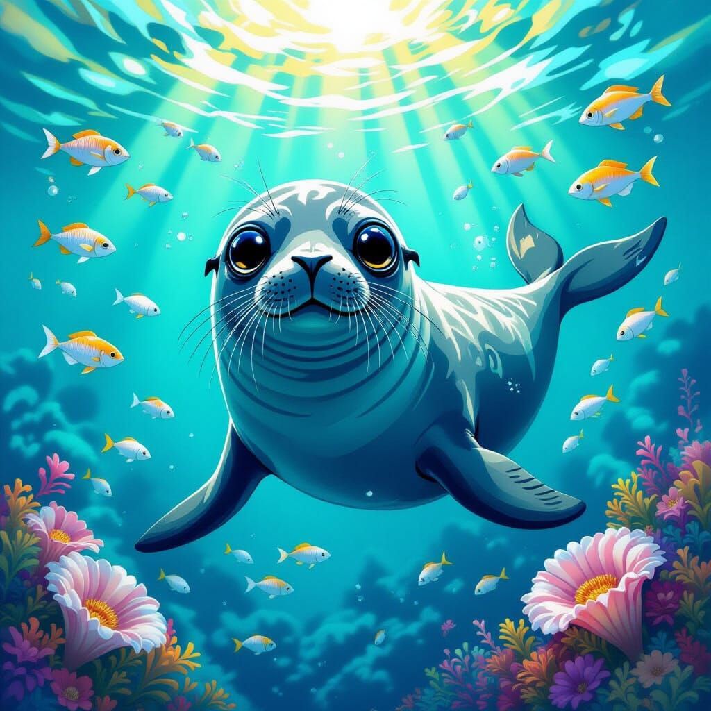 Sealion Swims in Turquoise Ocean: Digital Painting