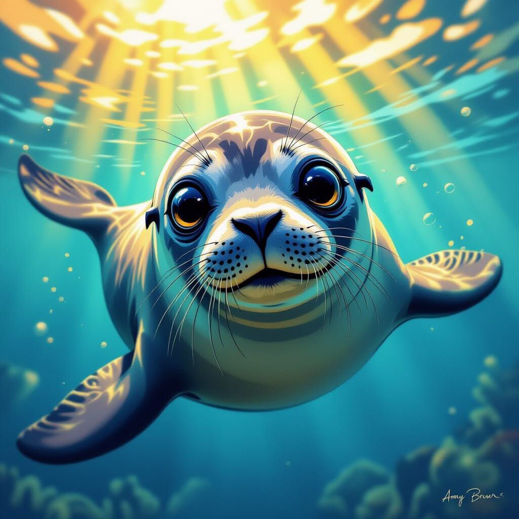 Sealion Swimming in a Sunlit Ocean, Digital Painting