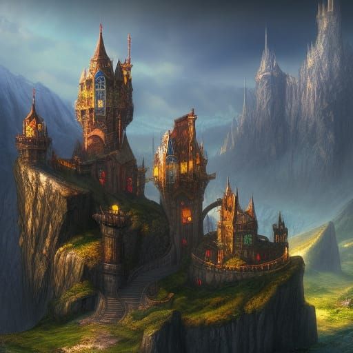 Fantasy Mountain Castle in Detailed Matte Painting Style