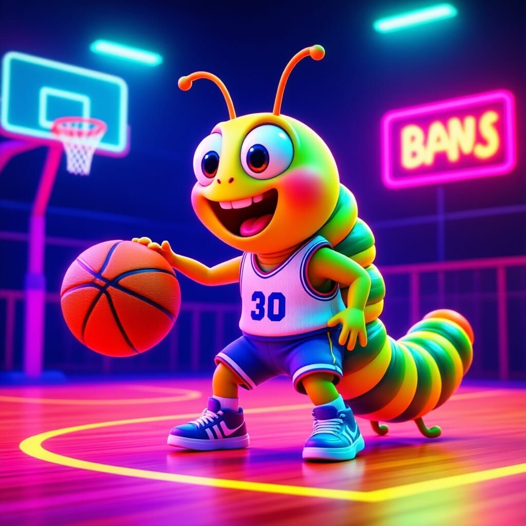 Cartoon Caterpillar Plays Basketball in 90s Animation Style