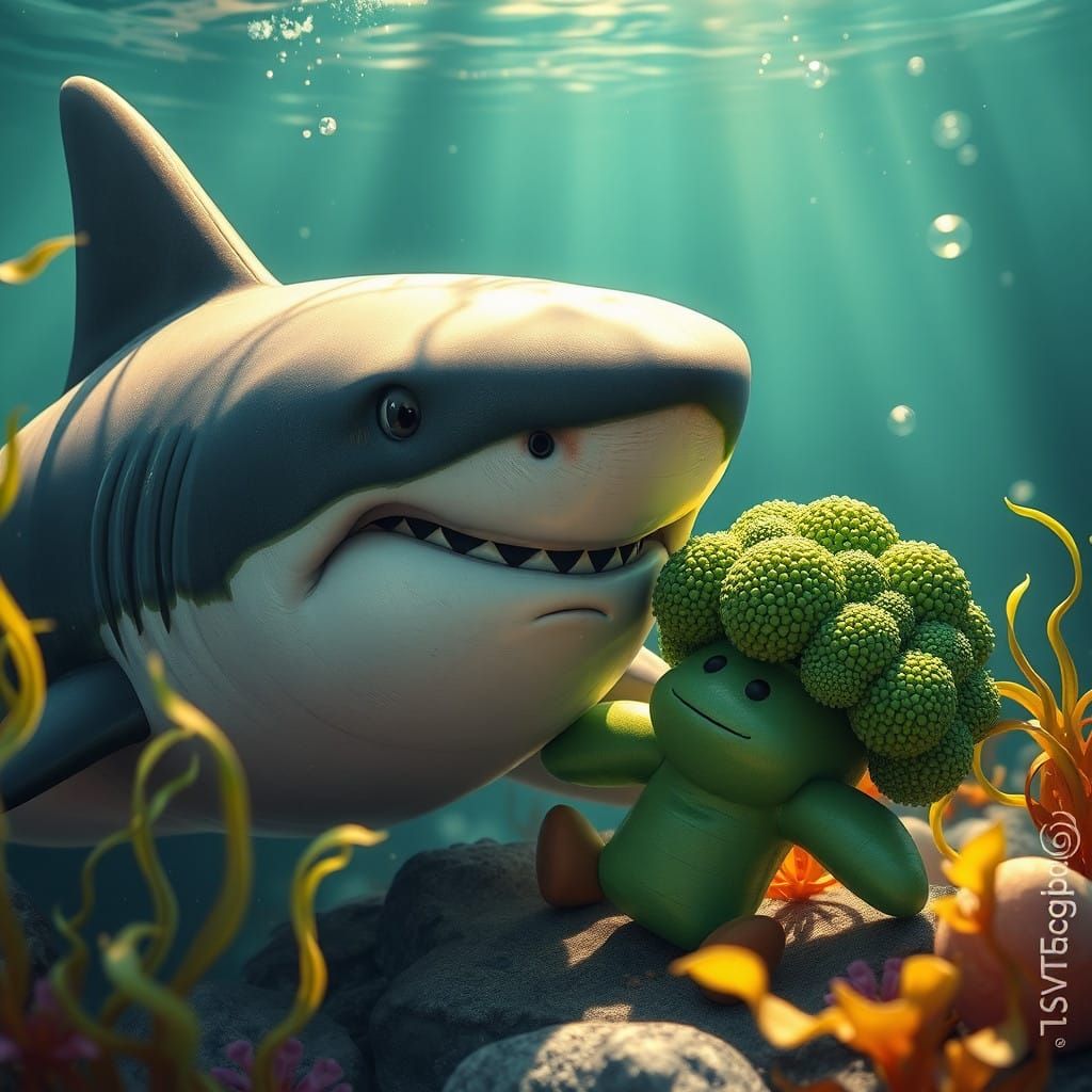 Sleek Shark Plays with Whimsical Broccoli Toy