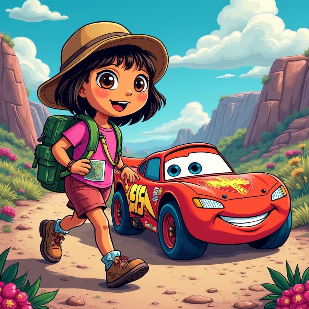 Dora the Explorer and Rayo McQueen in Vibrant Landscape