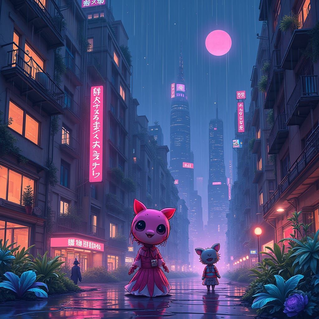 Neon Cityscape with Cyberpunk Creatures