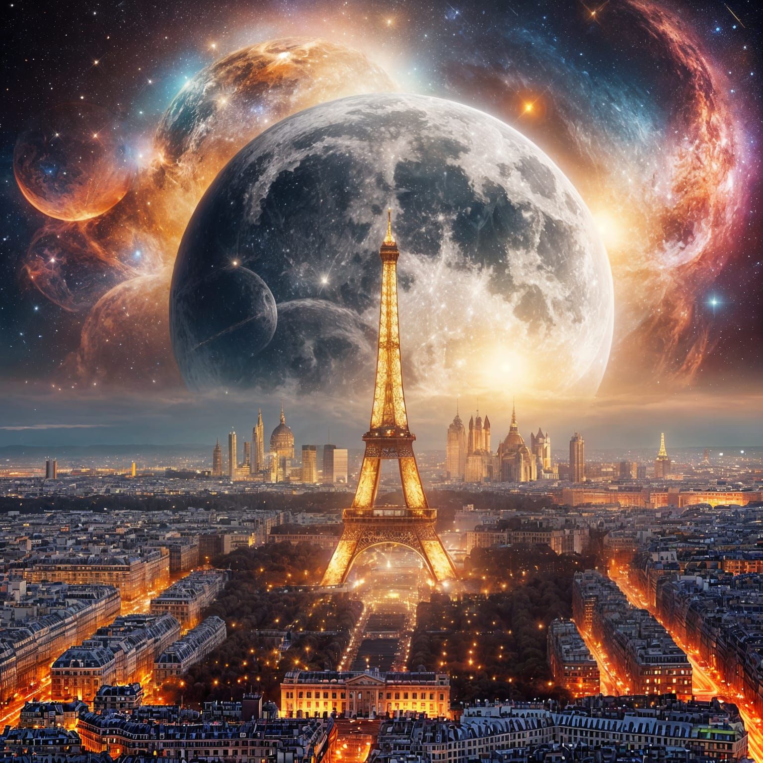 Paris Under a Cosmic Moon: A Surreal Nightscape