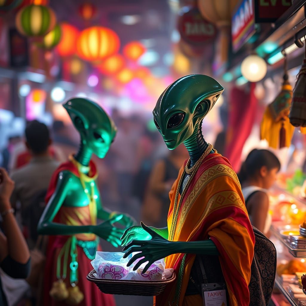 Bustling Alien Market with Glowing Goods