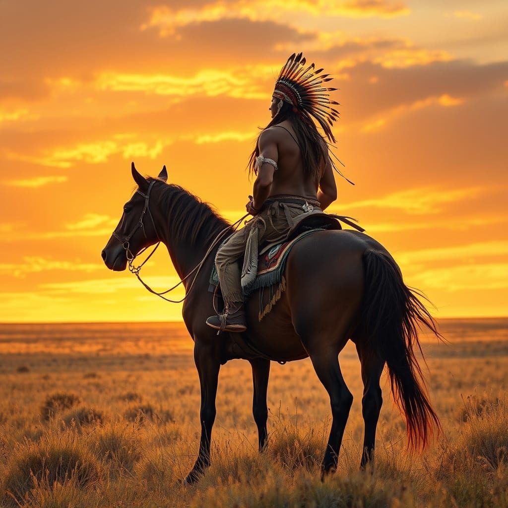 Native American Warrior Rides Across Prairie at Sunset