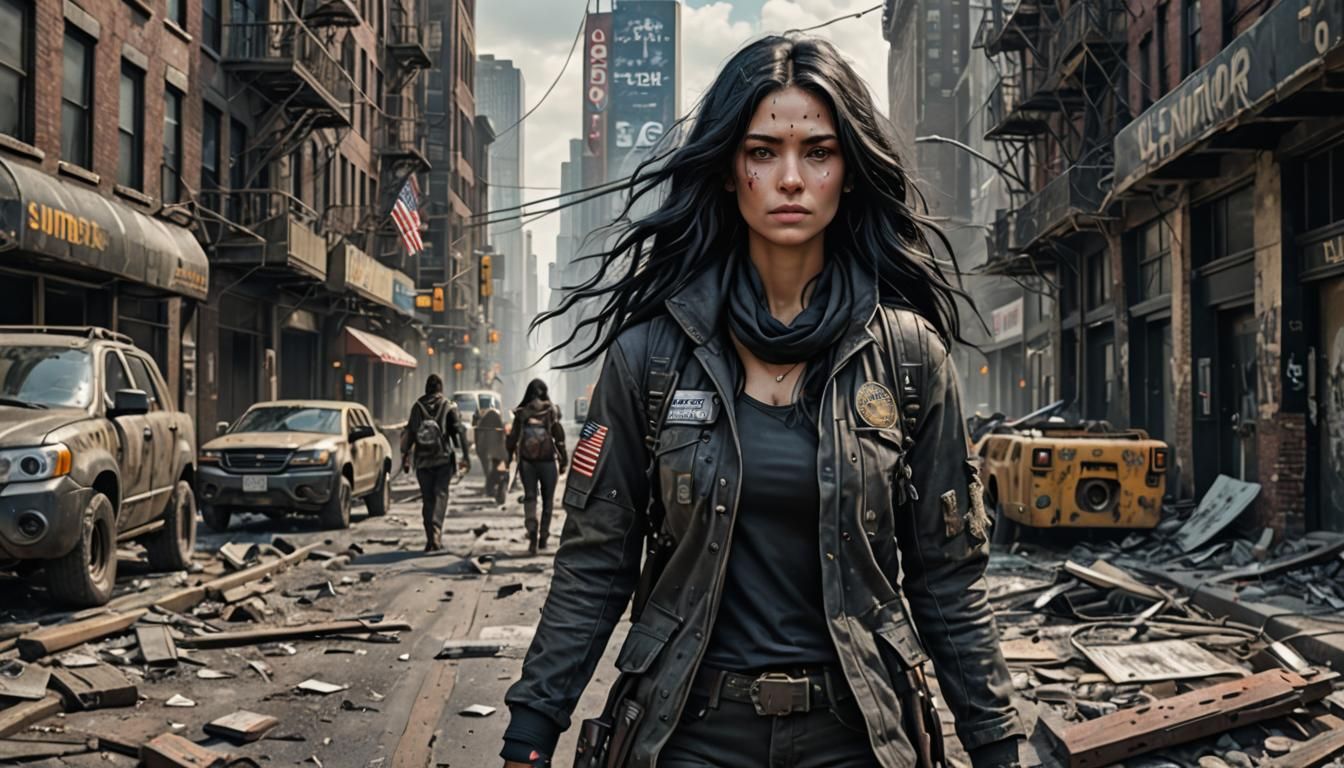Woman Walks in Post-Apocalyptic Manhattan Landscape
