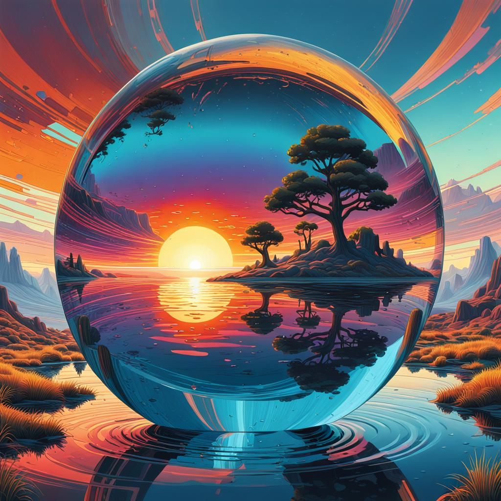 Miniaturized Sunset Landscape in Translucent Water Droplet