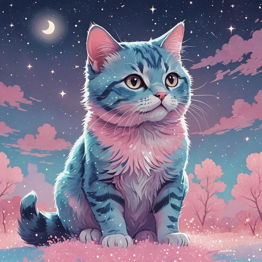 Glittery Cat in Dreamy Kawaii Night Sky