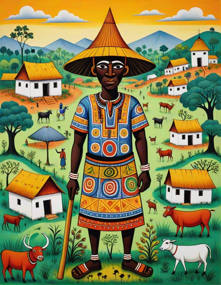 Village Farmer, naive art, traditional Yoruba mythology, Osogbo Art School, detailed patterns, vivid palette, primitivis...